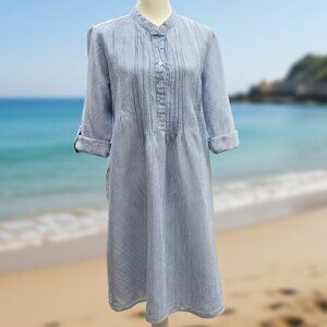 Tahari Linen Blend Shift Dress Blue Stripe Pintuck Tunic Minimalist (Small)